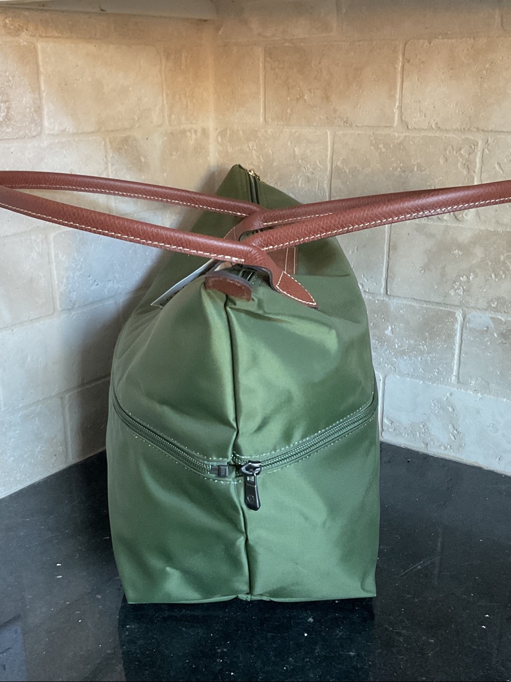 Longchamp Olive Nylon Tote with Brown Leather Trim - Picture 3 of 11